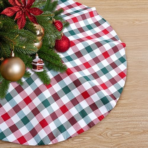 36 Inch Buffalo Plaid Tree Skirt Christmas Tree Skirt Red White Green by B-COOL