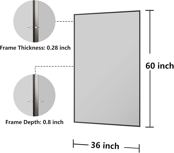 Koonmi Bathroom Mirror, 36X60 Brushed Black Metal Framed Wall-Mounted Mirror for Over Sink, HD Tempered Glass, Anti-Rust, Rectangle Mirror for Restroom, Bedroom, Hangs Horizontal or Vertical