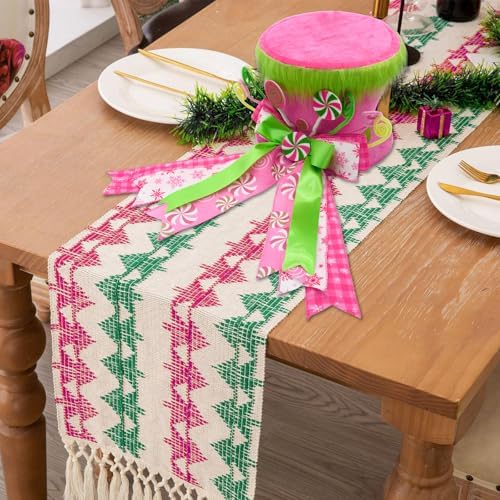 Pink Christmas Decor, Velvet Green Christmas Tree Topper Hat, Candy Cane Christmas Decorations Inddoor, Pink Ribbon Bow Topper Hat with Green Plush, Christmas Winter Holiday Decorations for Home - Image 4