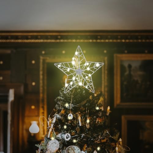 YEAHOME Christmas Tree Topper, Silver Glittered Hollow 5-Point Star Tree Topper for Christmas Tree Decorations, Lighted Wire Star with 20 LED Lights for Christmas Treetop, Xmas Tree Topper with Timer - Image 2