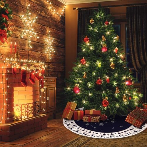 Christmas Tree Skirt 48inch Elk Snowflakes Navy Blue Xmas Decor - Image 4