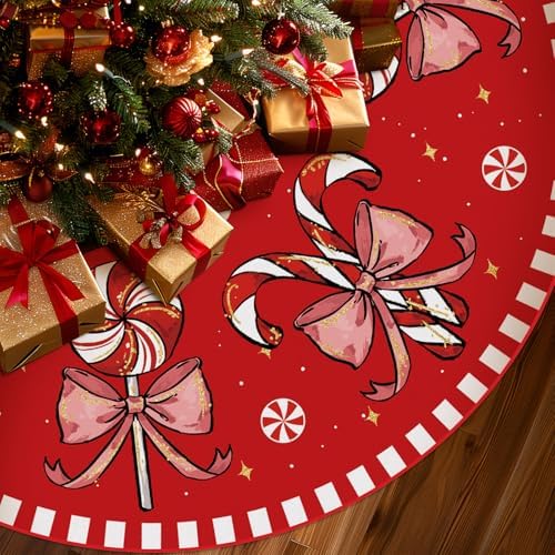 Christmas Tree Skirt Red Tree Skirts Candy Cane Decorations Xmas Tree Skirt Tree Mat 24 Inch Winter Christmas Decor for Home by QIONGMENG