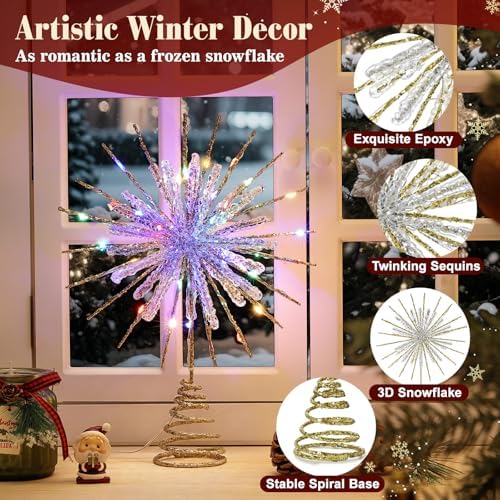 Lewondr Crystal Christmas Snowflake Tree Topper, Colorful Lights, Gold - Image 3