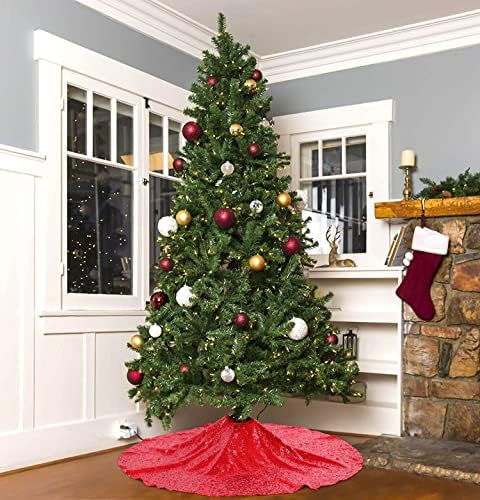 B-COOL Tree Skirts 48inches Red Christmas Sequin Tree Skirt Embroidered - Image 2