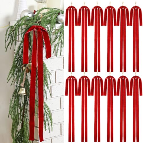 Janinka 12 Pcs Long Red Christmas Velvet Bow Ornament Vintage Tree Decor by Janinka