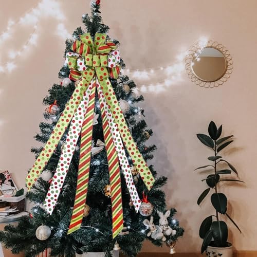 Christmas Tree Topper Wreath Bow Large Green Christmas Bow Tree Topper, Red Green Dot Polyester Gift Bows for Xmas Ornament Holiday Home Thanksgiving Indoor/Outdoor Decoration 45"x13" - Image 3