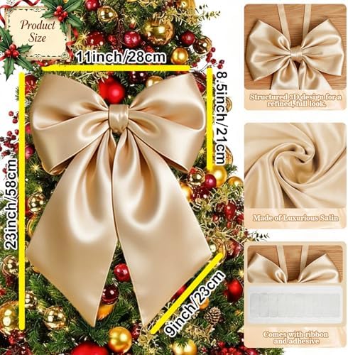Big Champagne Bow Coquette Room Decor, 23x11 Inch Satin Bows Large Champagne Bows Birthday Decorations as Crib Skirt for Valentine's Day Tree Topper Girl Gift Wrapping Bachelorette Baby Shower (3pcs) - Image 2