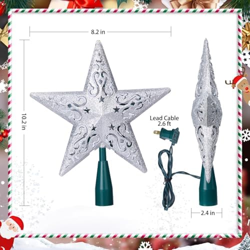 8" Silver Glittered Hollow Christmas Star Tree Topper with Built-in 10-Bulb String Lights and 2 Fuses for Holiday Decor, Green Base - Image 5