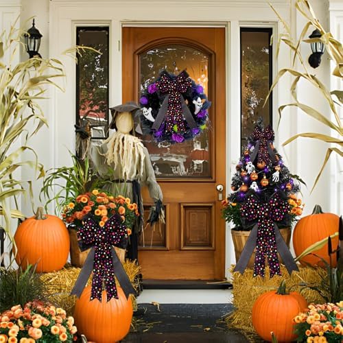 Large Halloween Tree Topper Bow, Black Colorful Polka Dot Wreath Bow - Image 3