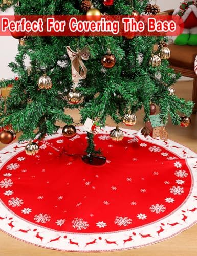 Multiwins Christmas Tree Skirt 48 inch, Large Snowflake Reindeer Red Xmas Tree Skirt, Thick Flannel Fabric, Best Christmas Decorations for Winter New Year - Image 4