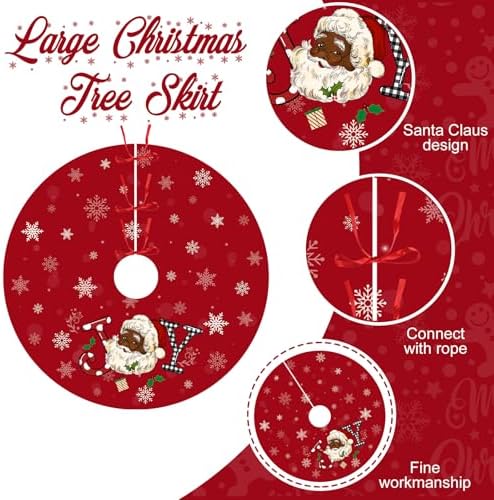 Tiamon Christmas Tree Skirt - 48 Inch Red African American Xmas Tree Mat Decor Snowflake Joy Santa Claus Decor for Winter Holiday Christmas Decoration Supplies - Image 3