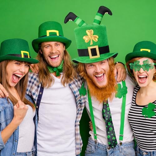 codree St. Patrick's Day Tree Topper Hat, Irish Green Shamrock Elf Legs Top Hat Decoration, St. Patrick Clover Velvet Hat Tree Topper for Holiday Home Party Decor Fancy Dress Costume - Image 5