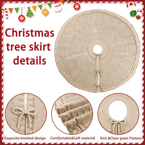 YUJUN 48 Inches Christmas Knitted Tree Skirt Decorations Xmas Large Vintage Beige Chunky Cable Farmhouse Thick Rustic Tree Skirt for Merry Christmas Tree Holiday Home Party Decoration - Image 3
