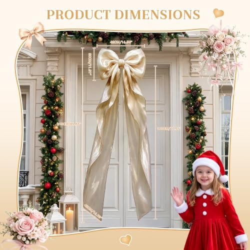 Big Satin Bow Coquette Room Decor, 16x79 Inch Large Christmas Bows for Birthday Decorations, Christmas Tree Topper, Girl Room Decor, Bachelorette, Wedding, Baby Shower, Front Door, Wreath (Khaki) - Image 2