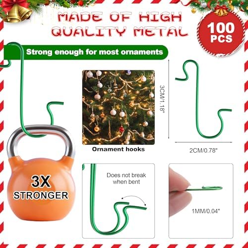 Ornament Hooks, 100 Pcs Christmas Ornament Hooks, Ornament Hangers, Ornament Hook for Christmas Trees, Metal Wire Small Ornaments Hooks Anchors for Xmas Tree Decorations Hanging Party Decor, Green - Image 3