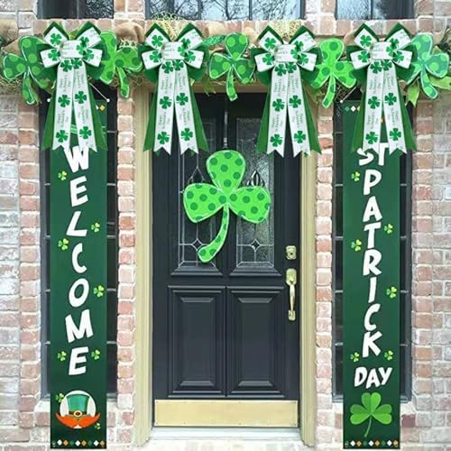2 Pcs St Patricks Day Bows for Wreath Outdoor Decorations,St Patricks Day Tree Topper Bows,Large White Green Burlap Shamrock Bowknot Irish Holiday Crafts Bows for Front Door Decor - Image 7