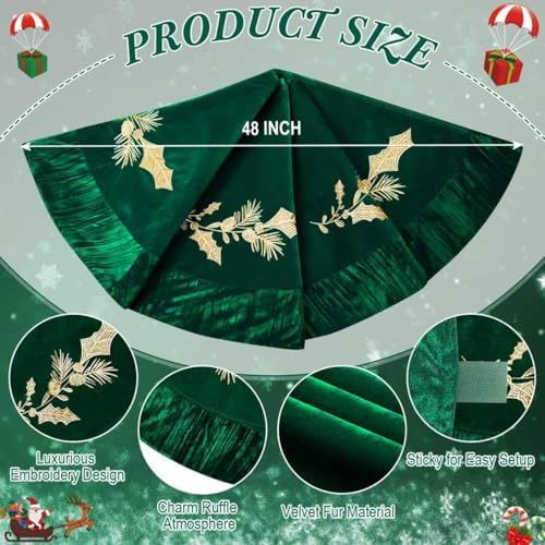 48 Inches Velvet Christmas Tree Skirt Decorations Green Luxury Xmas Fur Plush Skirts with Gold Embroidered Holly for Merry Christmas Party Rustic Vintage Holiday Home Winter - Image 2
