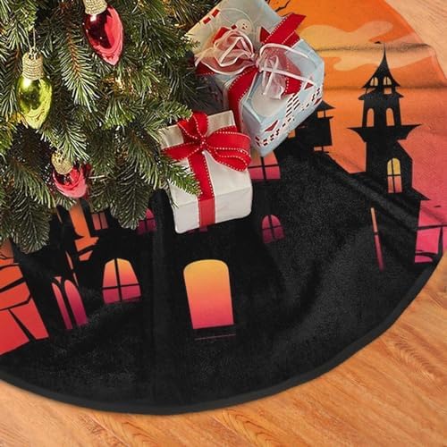 Christmas Tree Skirt, Happy Halloween Witch Castle Moon Xmas Large Tree Mat, New Year Festive Holiday Party Decorations 30" inches - Image 3