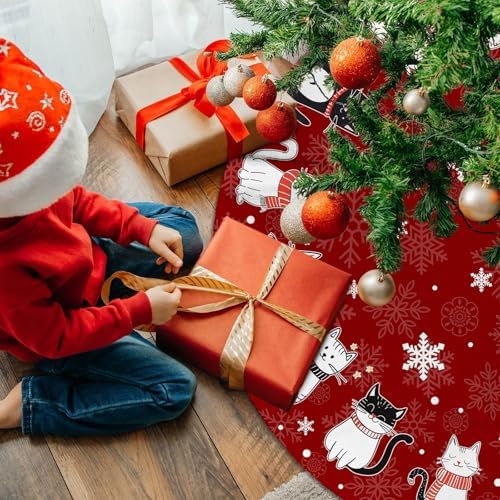Red Cat Christmas Tree Skirt 36 Inch Cat Christmas Tree Decorations Snowflakes Xmas Tree Skirt for Winter Holiday Party Home Decor Indoor Outdoor Ornaments - Image 7