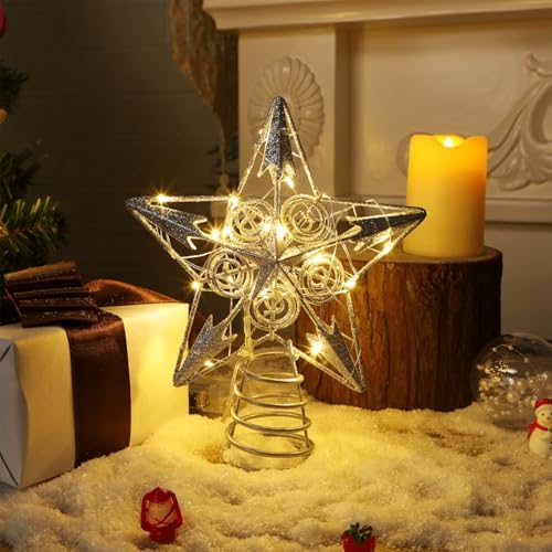 Juegoal Star Tree Topper with 20 LED Lights, Metal Silver Lighted Treetop Ornaments, Battery Powered Light Up Christmas Tree Decorations, 6.5 x 6.5 Inches - Image 3