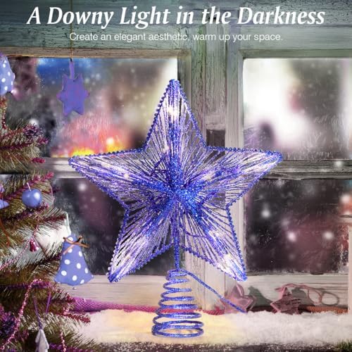 Lewondr Lighted Christmas Star Tree Topper with Remote & Timer, Blue - Image 2