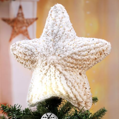 Syhood 10 Inch Crochet Star Christmas Tree Topper Boho Christmas Ornament Glitter Star Farmhouse Holiday Xmas Decor for Xmas Trees Ornament Party Decoration by Syhood