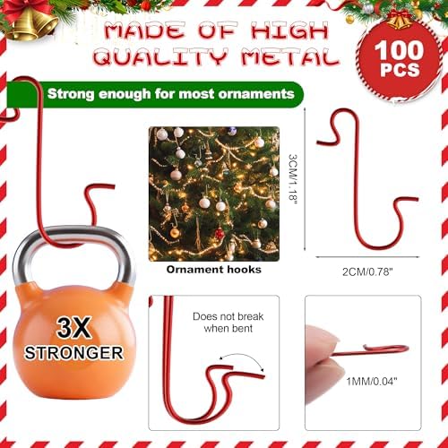 Ornament Hooks, 100 Pcs Christmas Ornament Hooks, Ornament Hangers, Ornament Hook for Christmas Trees, Metal Wire Essential Ornaments Hooks Anchors for Xmas Tree Decorations Hanging Party Decor, Red - Image 3