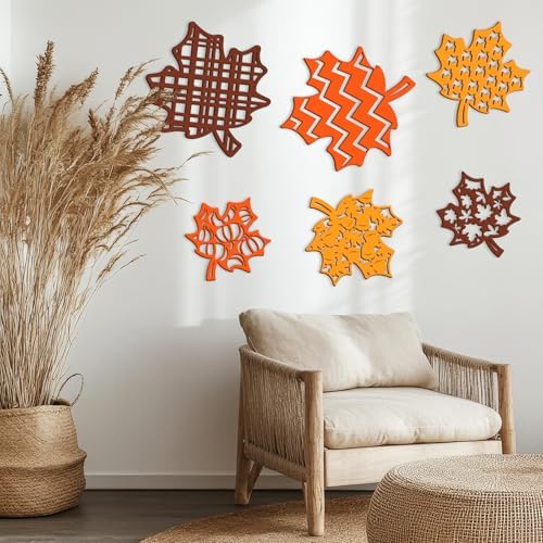 Whaline 6 Pcs Fall Wooden Wall Decor Orange Yellow Brown Hollow Maple Leaf Shaped Wood Wall Art Sign with Hook for Home Farmhouse Thanksgiving Hanging Ornament - Image 4