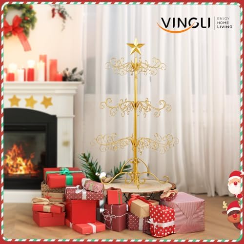 VINGLI 3ft Wrought Iron Christmas Tree w/80 Branch Tips, 3-Tier Metal Display Stand for Gifts, Box, Ornament Display Tree Suit for Holiday, Party, Home Decor, Indoor & Outdoor Decor Hanger, Gold - Image 3