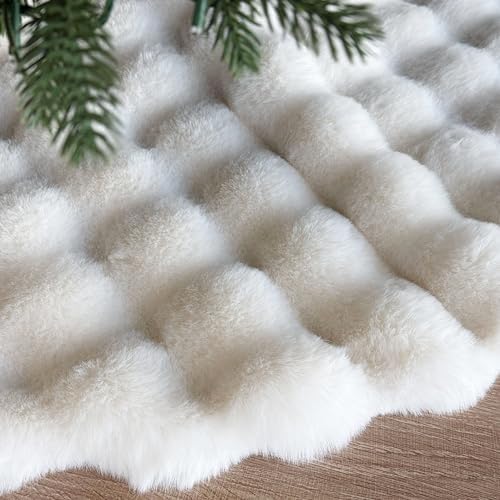 72-Inch Puff Quilt Faux Fur Christmas Tree Skirt, Soft Plush Tufted Texture with Satin Ribbon Ties, Cream - Image 5