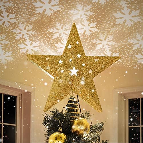 IPOW LED Snowflake Projector Star Christmas Tree Topper, 11.3'' Golden Glittered Star Treetop Lighted Rotating Snow Flake for Christmas Tree Decoration, Ideal as LED Night Light Projector for Children by IPOW