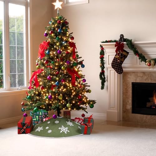 30 Inch Burlap Christmas Tree Skirt with White Snowflakes, Green - Image 3