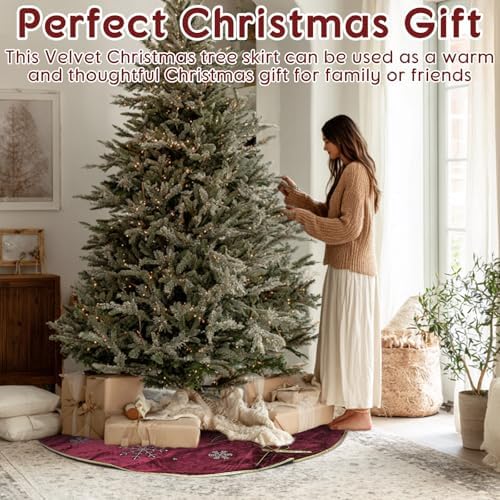 Burgundy Velvet Tree Skirt 60 Inch, Gold Snowflake Rhinestone - Image 7