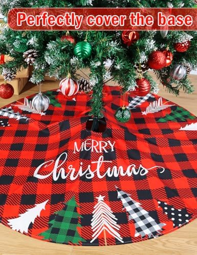 Multiwins Christmas Tree Skirt 48 Inch Red Rustic Xmas Tree Skirt with Christmas Tree, Black Red Buffalo Plaid Christmas Tree Skirt Ornaments for Merry Christmas Holiday Party Decorations Indoor - Image 3