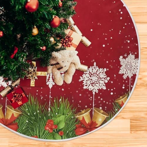 Bells Snowflake Red Christmas Tree Skirt Large Xmas Tree Skirts Decorations 48 in Burlap Tree Mat Cover for 4 ft Trees Holiday Party - Image 5