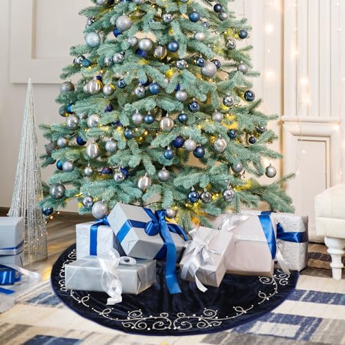 36inch Christmas Tree Skirt Navy Blue Luxury Velvet Plush Fur Skirts Baroque Tree Skirts with Gold Embroidered Pearls and Crystals Xmas Velvet Trees Skirt for Christmas Holiday Party Home Decorations - Image 4