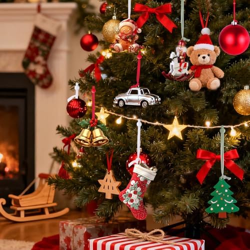 100 PCS Christmas Ornament Hangers Hooks, Adjustable Ornament Ribbon Hanger for Hanging Small & Large Heavy Ornaments, Xmas Ornament Hanging String for Christmas Tree Decorations Bauble (Red) - Image 6