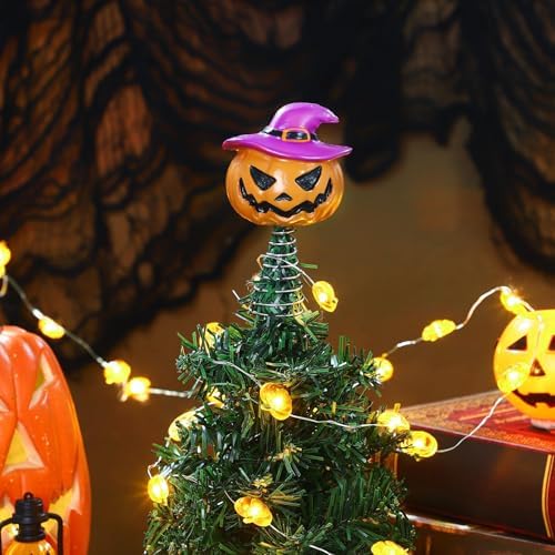 Queekay 4 Inch Halloween Tree Decorations Mini Pumpkin Tree Topper - Image 2