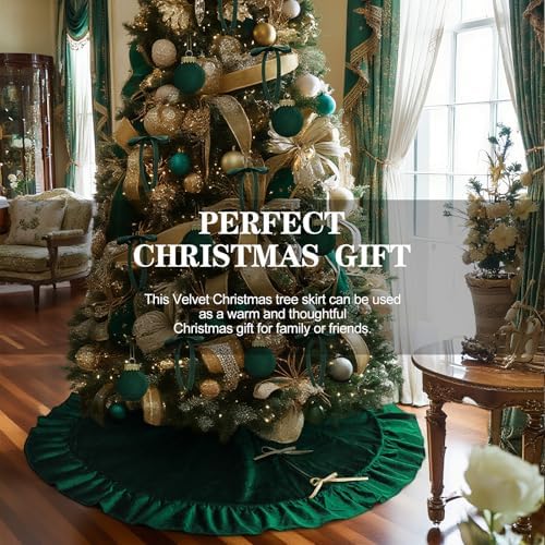Velvet Christmas Tree Skirt, 60 Inches, Bow Style, Dark Green - Image 4