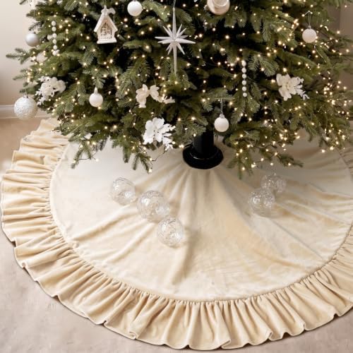 Velvet Christmas Tree Skirt, 48 Inches, Bow Style, Ivory White by Vertintong