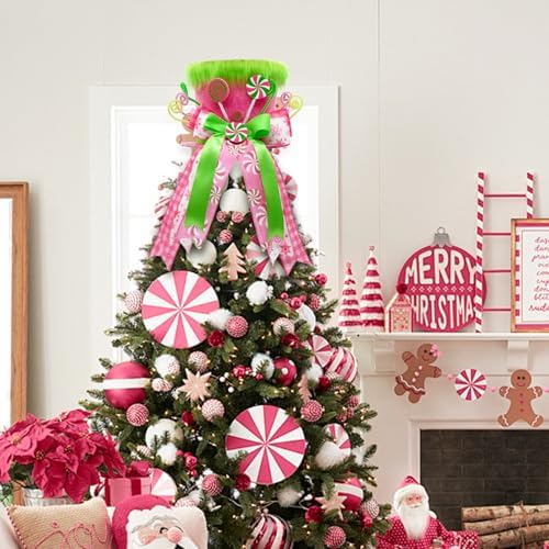 Pink Christmas Decor, Velvet Green Christmas Tree Topper Hat, Candy Cane Christmas Decorations Inddoor, Pink Ribbon Bow Topper Hat with Green Plush, Christmas Winter Holiday Decorations for Home - Image 2