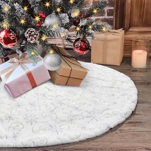 Dremisland Christmas Tree Skirt 48In White&Silver Tree Skirt with Snowflake by Dremisland