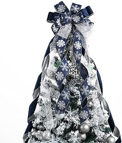 MEEDEE Navy Blue Tree Topper Navy Blue Christmas Tree Topper Bow 12 inch Wide Navy Blue Silver Glitter Yule Tree Wreath Bow Christmas Decorations Silver Snowflake Garland Bow Holiday Lantern (1 Pack) by MEEDEE