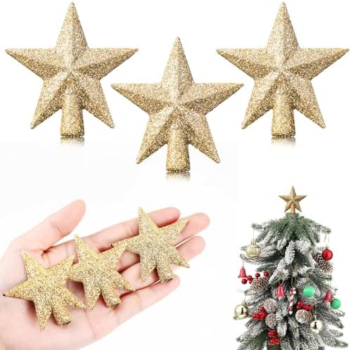 Hanaive 3 Pcs Mini Christmas Tree Topper Small Star Christmas Treetop Ornaments for Mini Tree Holiday Decorative Star for Xmas Home Decor(2.36 Inch,Glitter Gold) by Hanaive