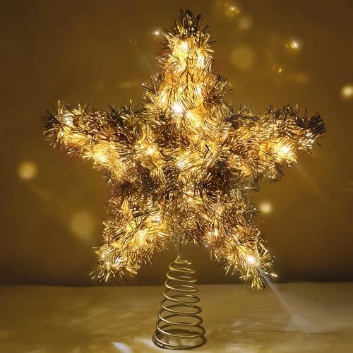 LAWOHO Christmas Tree Topper Star, Vintage Christmas Decor, 10 Inch Shiny Golden Christmas Tree Decoration with 6H Timer, 50 Warm LED Lights for Xmas Tree, Holiday & Party, Indoor Decor by LAWOHO
