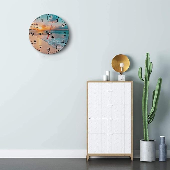 Britimes Round Wall Clock Non-Ticking Silent Battery Operated Clock 10 Inch, Sea Beach Blue Sky Sand Home Decor for Living Room, Kitchen, Bedroom, and Office