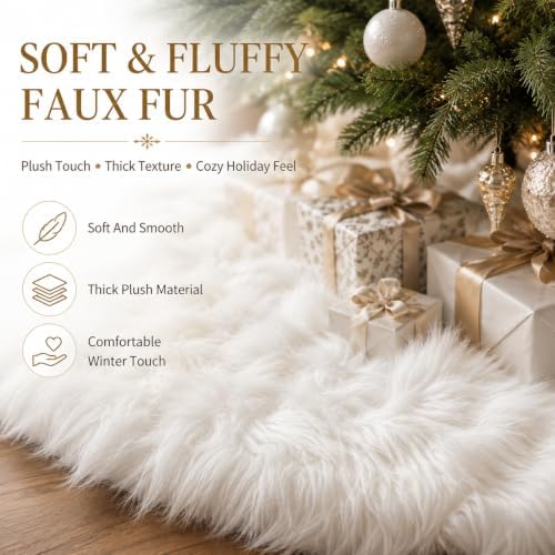 48 Inch White Faux Fur Christmas Tree Skirt, Luxury Plush Tree Base Cover for Holiday Party and Home Christmas Decor - Image 2