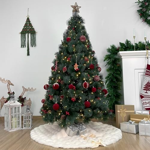 48-Inch Puff Quilt Faux Fur Christmas Tree Skirt, Soft Plush Tufted Texture with Satin Ribbon Ties, Cream - Image 5