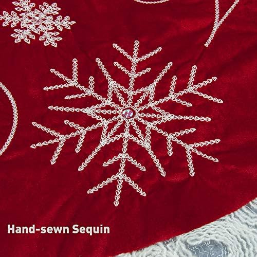 Red Christmas Tree Skirt 32 Inches Snow Sequin Embroidery with White Trim Border Decor for Xmas Holiday Party Ornaments - Image 3