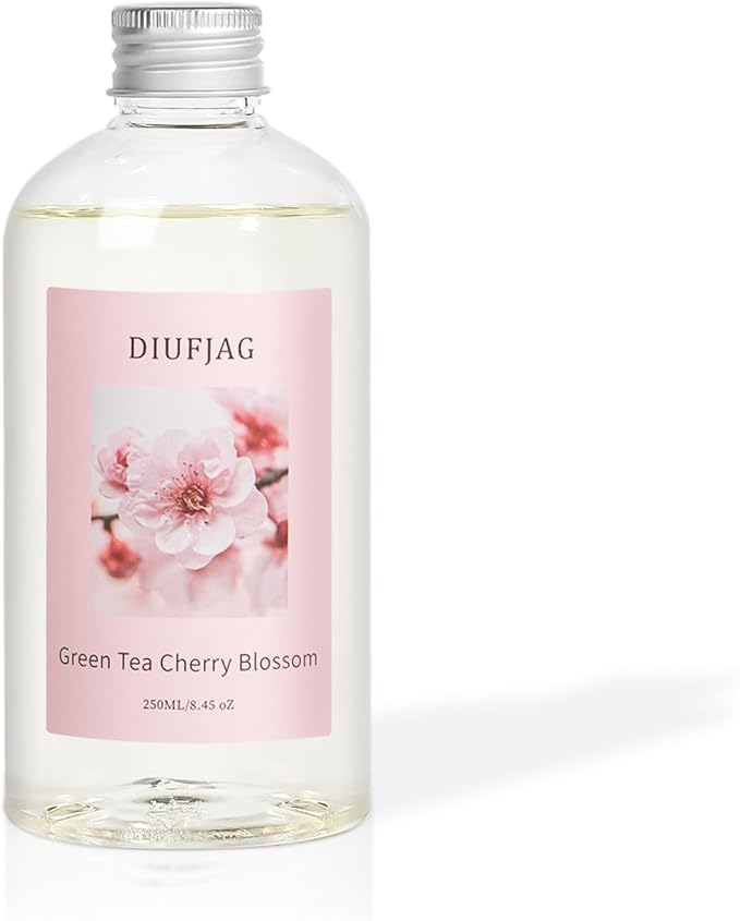 Green Tea Cherry Blossom Diffuser with 20 Black Fiber Sticks, 6.7 oz Diffusers for Home Essentials Bathroom,Last up to 60 Days???200ml